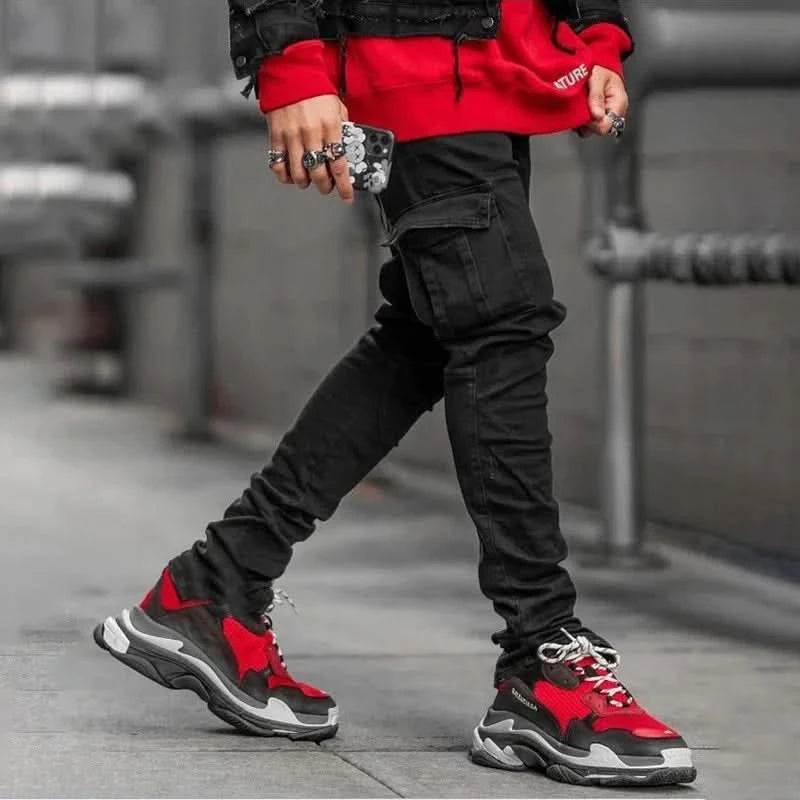 Men Street Elastic Denim Jeans Wash Solid Color Multi Pockets Cargo Pants Casual Slim Fit Daily Wear Joggers Mid Waist Trousers - M & M Global