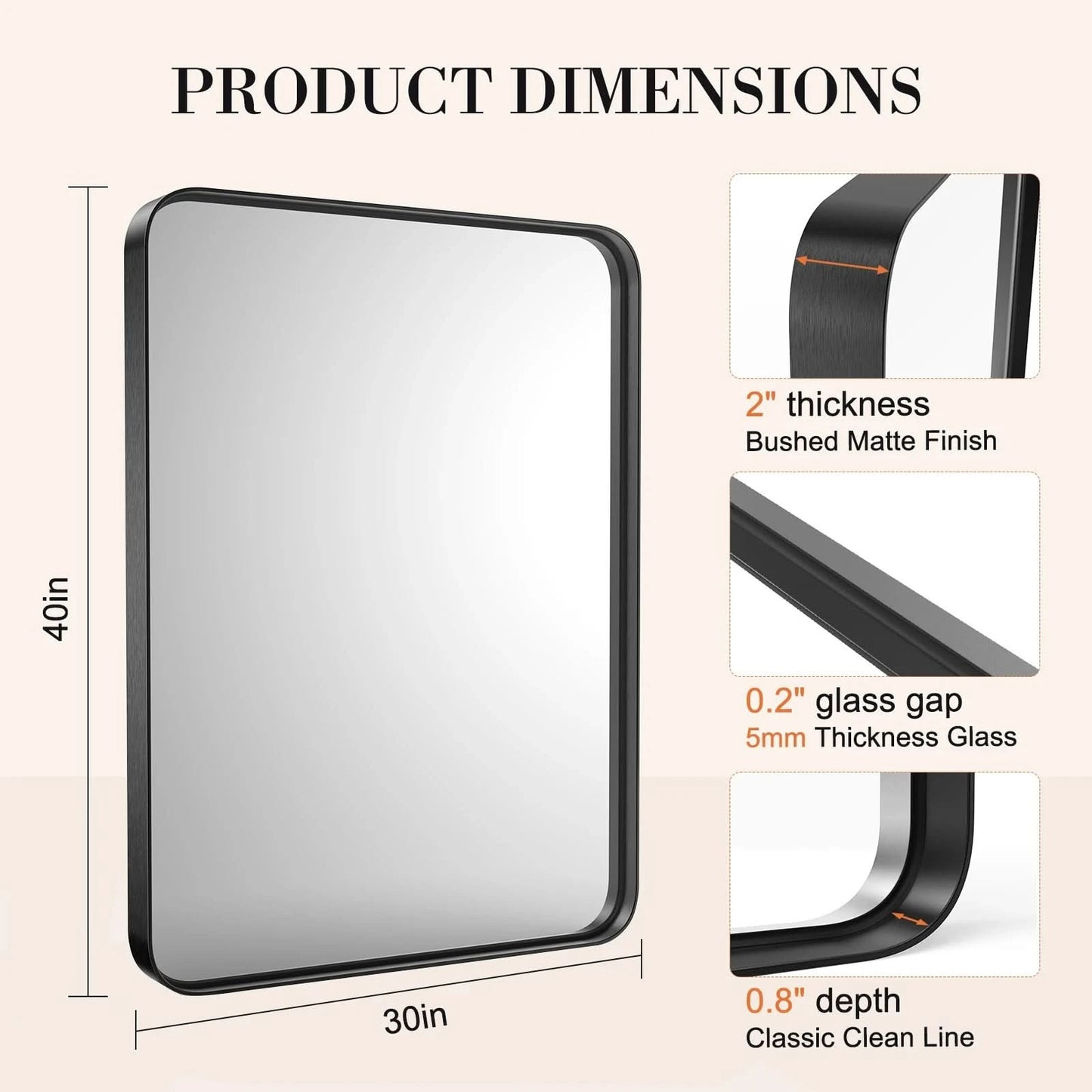 Matte Metal Framed Bathroom Mirror for Wall,Vanity Rectangle Rounded Corner Tempered Glass Mirror,Clear Reflection,Modern