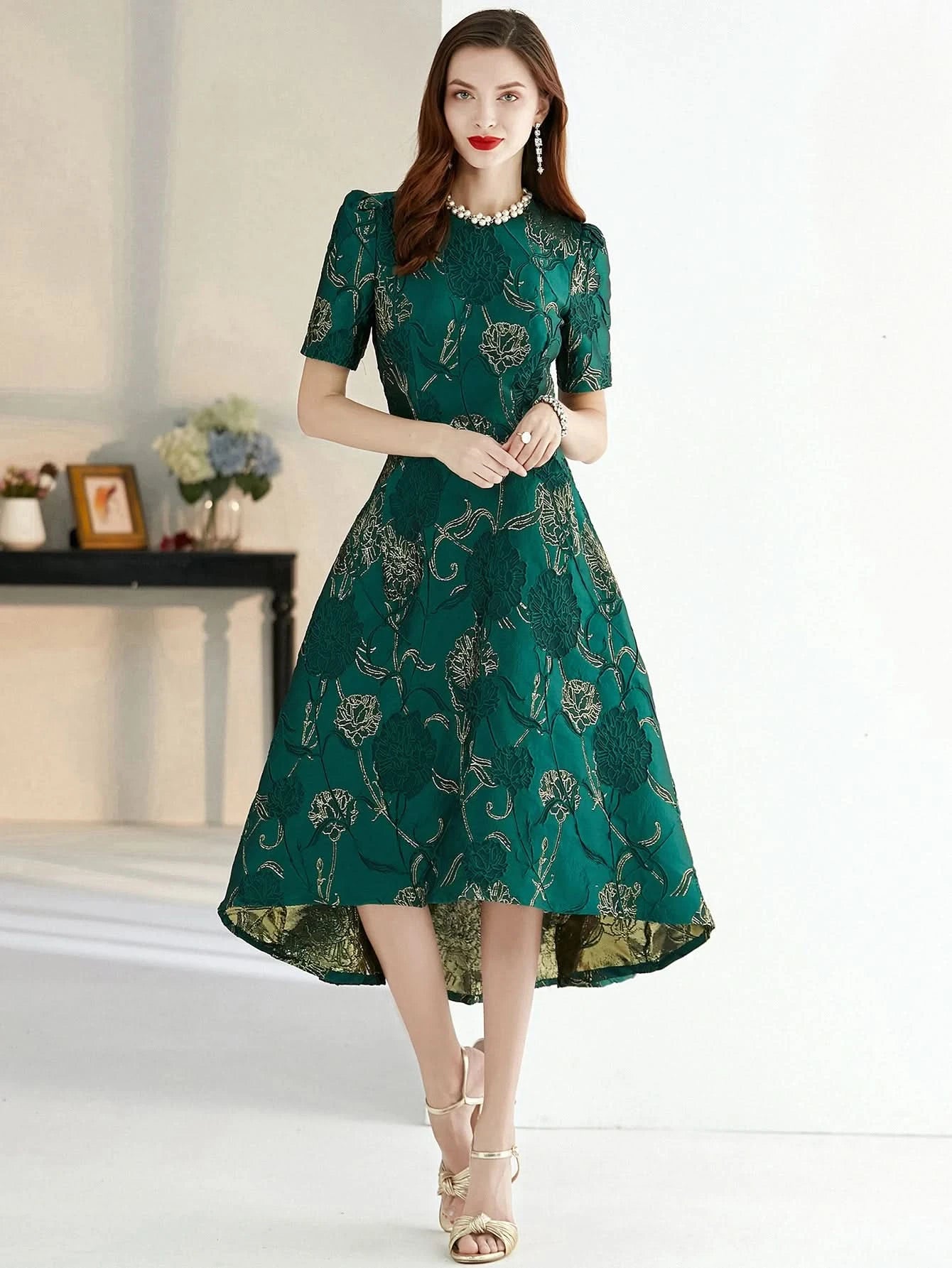 Women Summer Long Dress Elegant Boho Floral Jacquard Flower Dress Irregular Evening Party Dress Lady Ball Gown - M & M Global