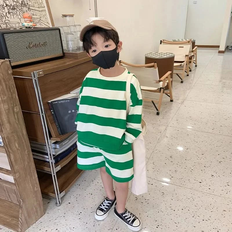 Baby Girl Boy Cotton Striped Clothes Set Hoodie and Shorts 2pcs Infant Toddler Child Tracksuit Spring Autumn Summer 1-7Y - M & M Global