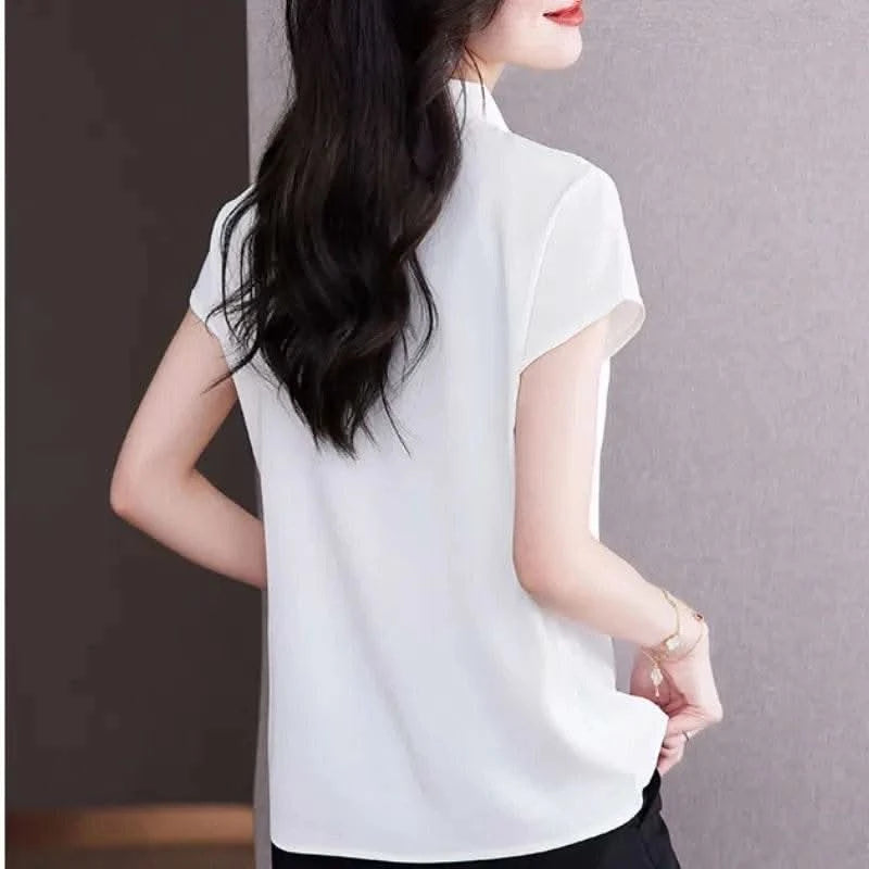 Bow Tie Blouse Shirt for Women OL Elegant Blouses Satin Womens Tops Silk Female Clothing 2023 Korean Fashion Short Sleeve Blouse - M & M Global