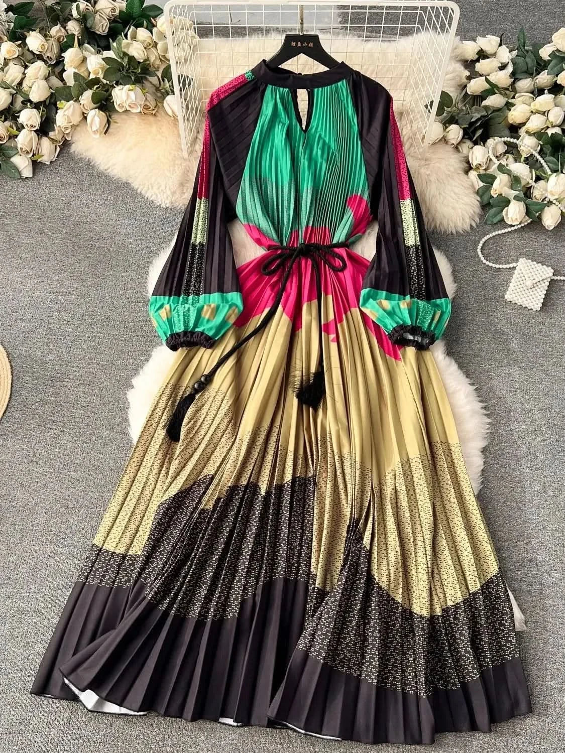 Spring Holiday Print Long Dress For Women Fashion Loose Lantern Sleeve Party Robe Female Big Swing Tassels Belt Pleated Clothes - M & M Global