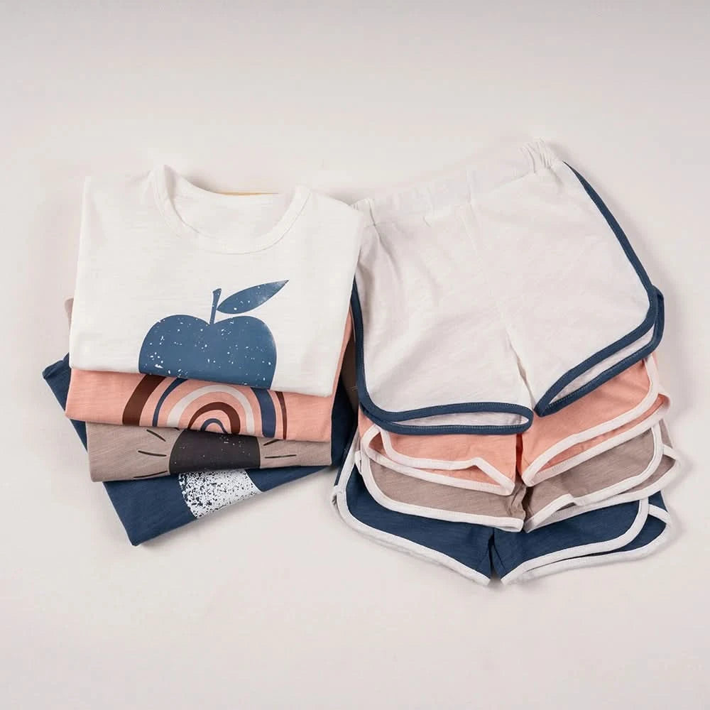 Summer 2pcs Children Clothes Sets Korea Moon Print Outfits Muslin Patchwork Casual Suits Kids Shorts T-shirt Boys Girls Outfits - M & M Global