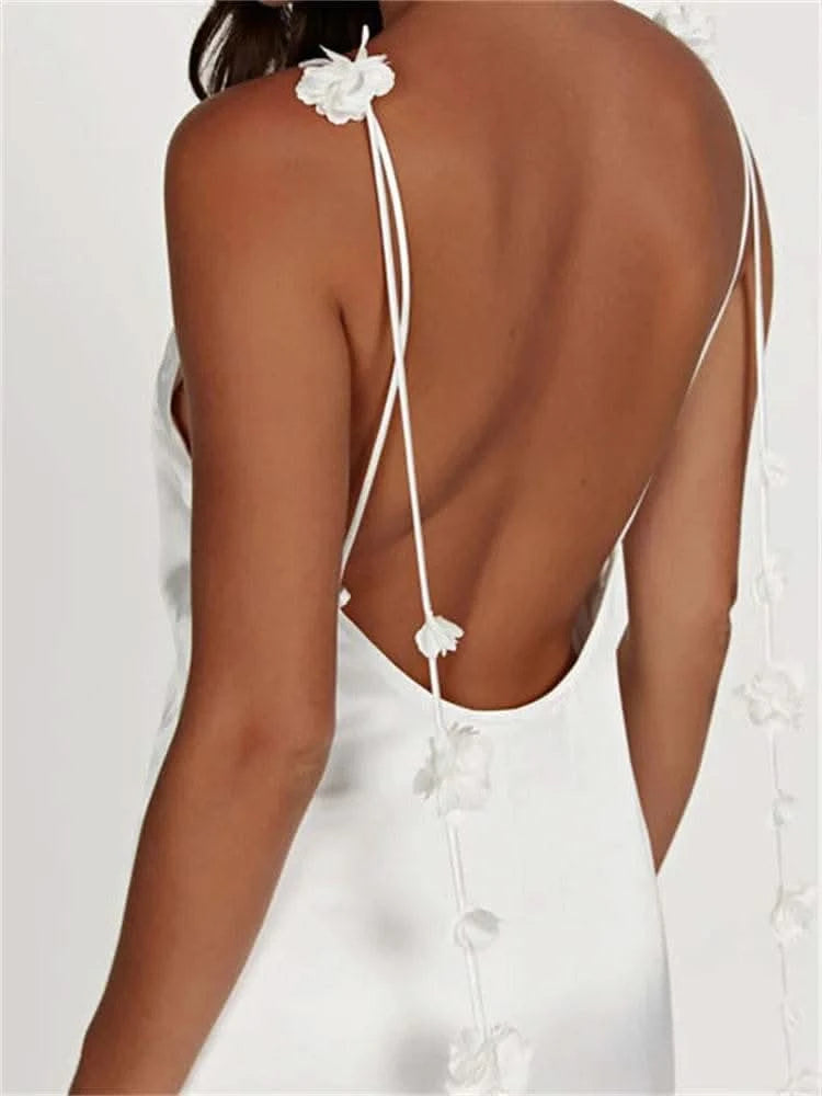 CHRONSTYLE Satin Backless Spaghetti Strap Long Dress for Women Sexy Backless 3D Flower Tassels Dress Party Cocktail Y2K Vestidos - M & M Global
