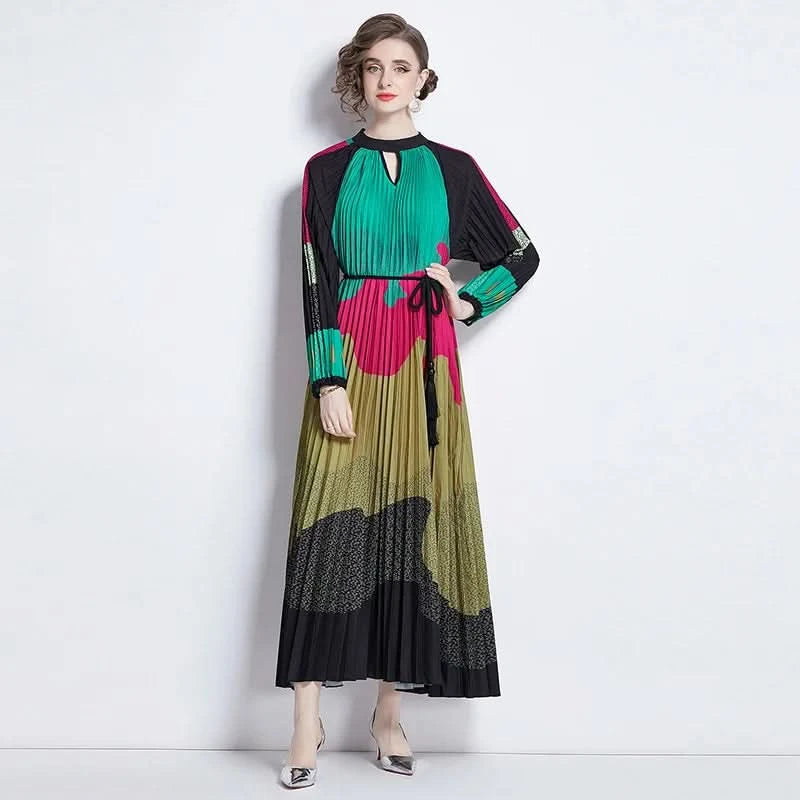 Spring Holiday Print Long Dress For Women Fashion Loose Lantern Sleeve Party Robe Female Big Swing Tassels Belt Pleated Clothes - M & M Global