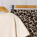 Children Clothing Sets Beige Bow Printed T-shirt & Striped Leopard Pants Trendy Girls Outfit Summer Clothing Sets 8-12 Kids Suit - M & M Global