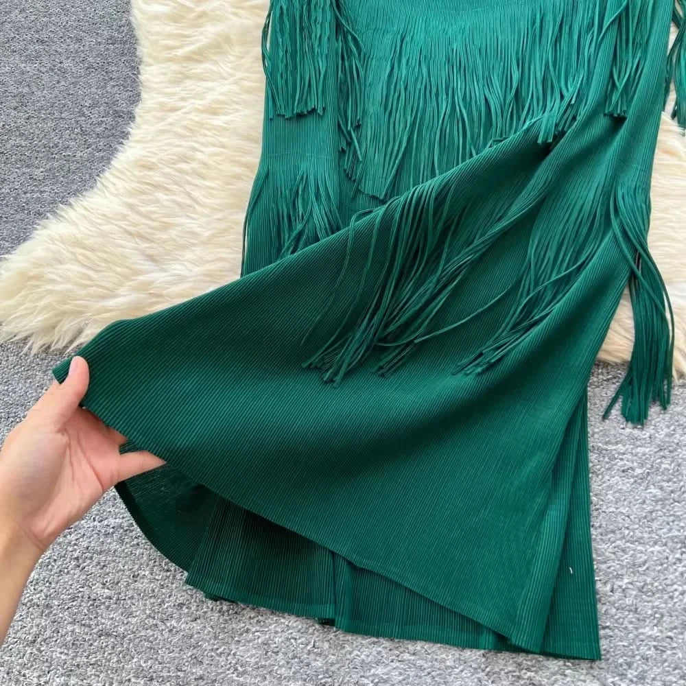 Vintage O-Neck Elegant Long Lantern Sleeve Chic Tassel Slim Long Dress French Fashion Evening High Street Autumn Winter Clothing - M & M Global