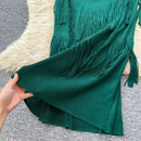 Vintage O-Neck Elegant Long Lantern Sleeve Chic Tassel Slim Long Dress French Fashion Evening High Street Autumn Winter Clothing - M & M Global