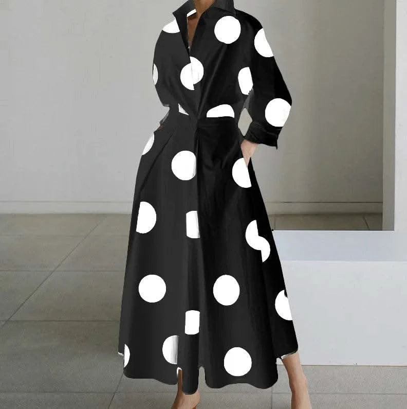 Autumn Dress Long Sleeve Dot Print Elegant Maxi Dresses For Women 2023 White Casual V Neck Shirt Party Long Dress Robe Femme - M & M Global