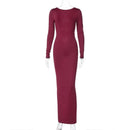 Dulzura O-Neck Long Sleeves Ruched Backless Maxi Dress Solid Sexy Elegant Long Dress Women’S Party Prom Clubwear Autumn Winter - M & M Global
