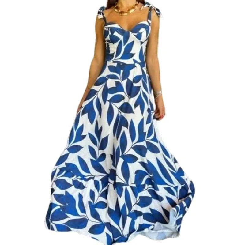 BAMBOOBOY Summer Print Long Dress Women Clothing Lace Up Party Dresses Pattern Spaghetti Strap Ladies V-Neck Beach Sundress - M & M Global