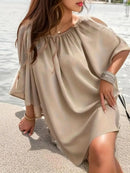 Plus Size 1XL-5XL Women Summer Casual Solid Color Dress Elegant Off Shoulder Dress Women Relaxed Fit Cute Dress - M & M Global