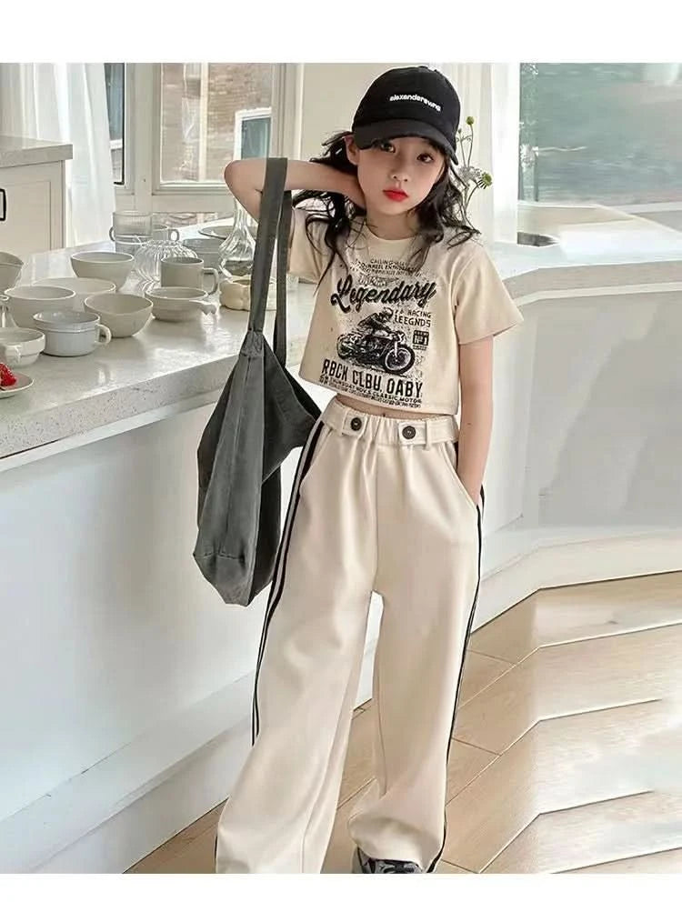 Girls' summer casual suit, new children's fashionable T-shirt, casual pants, summer dress, foreign short-sleeved two-piece set, - M & M Global
