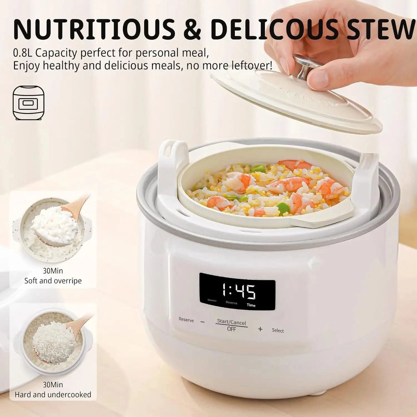 Slow Cooker White, Small Slow cooker 1QT, Smart Appointment, Ceramic Interior pot, Automatic Multi-function Rice Cooker, Elecric - M & M Global