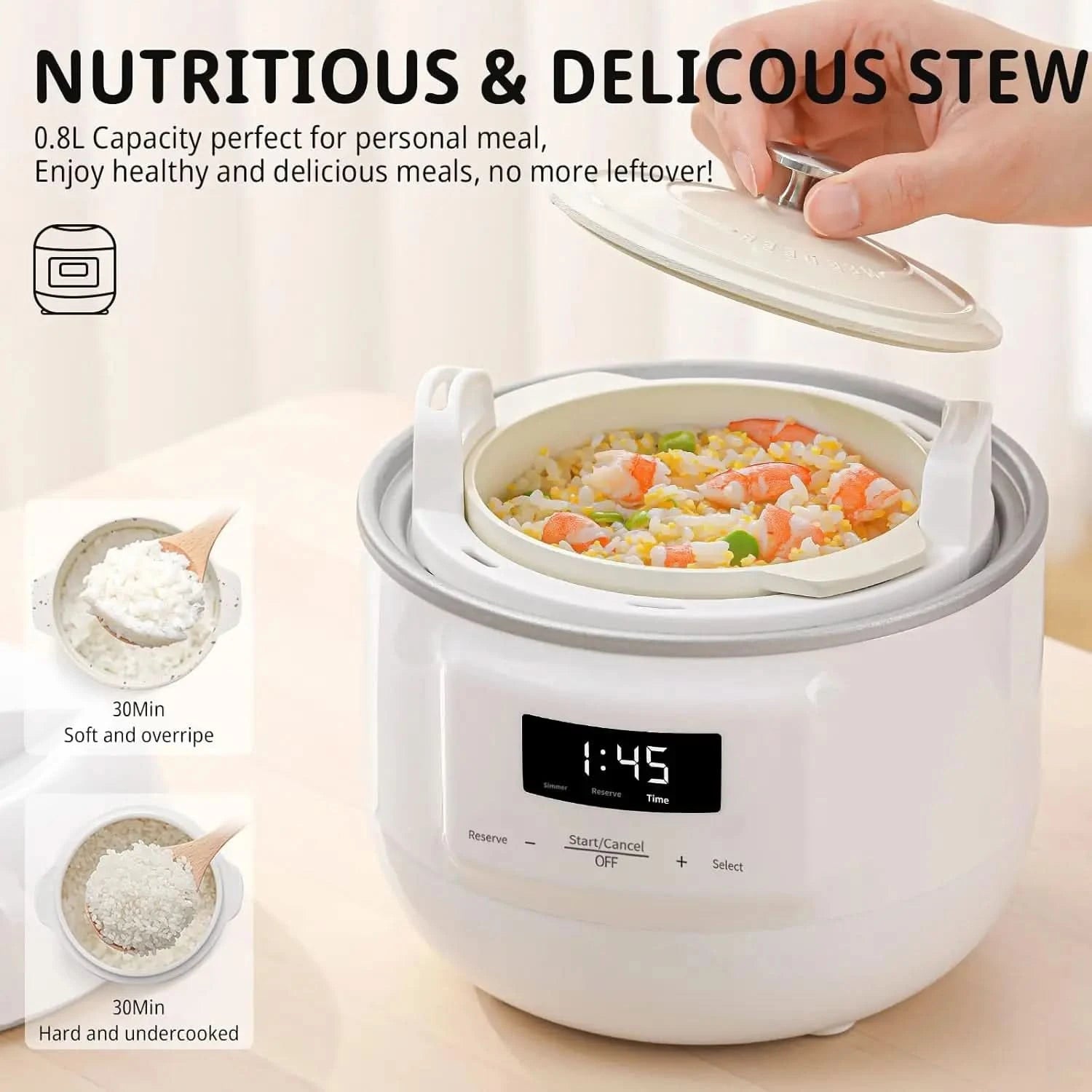 Slow Cooker White, Small Slow cooker 1QT, Smart Appointment, Ceramic Interior pot, Automatic Multi-function Rice Cooker, Elecric - M & M Global