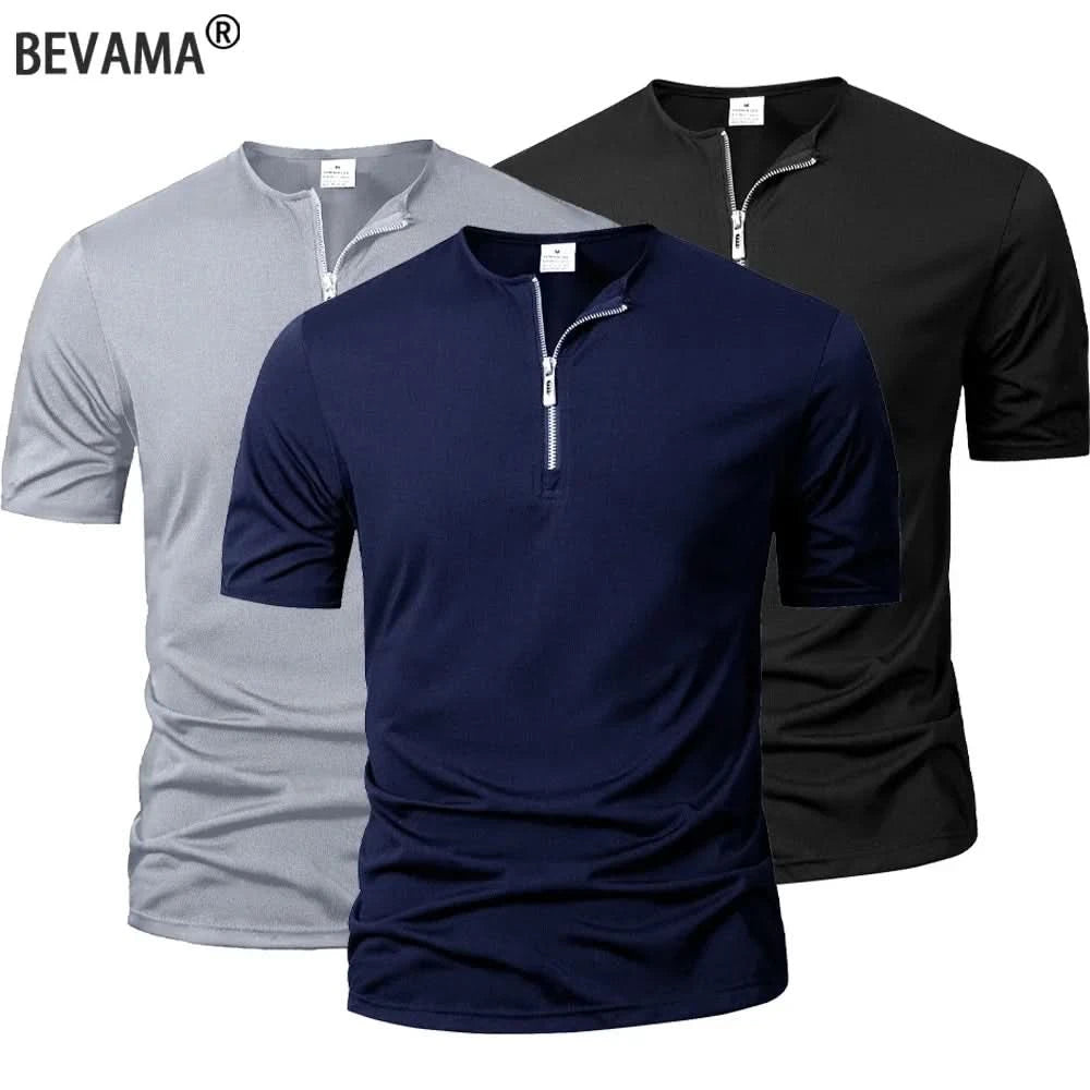 Summer Men's Short Sleeve Solid Color Zipper Collar Shirt Casual Sports T-Shirt Streetwear Daily Outdoor Activities Men's Top - M & M Global