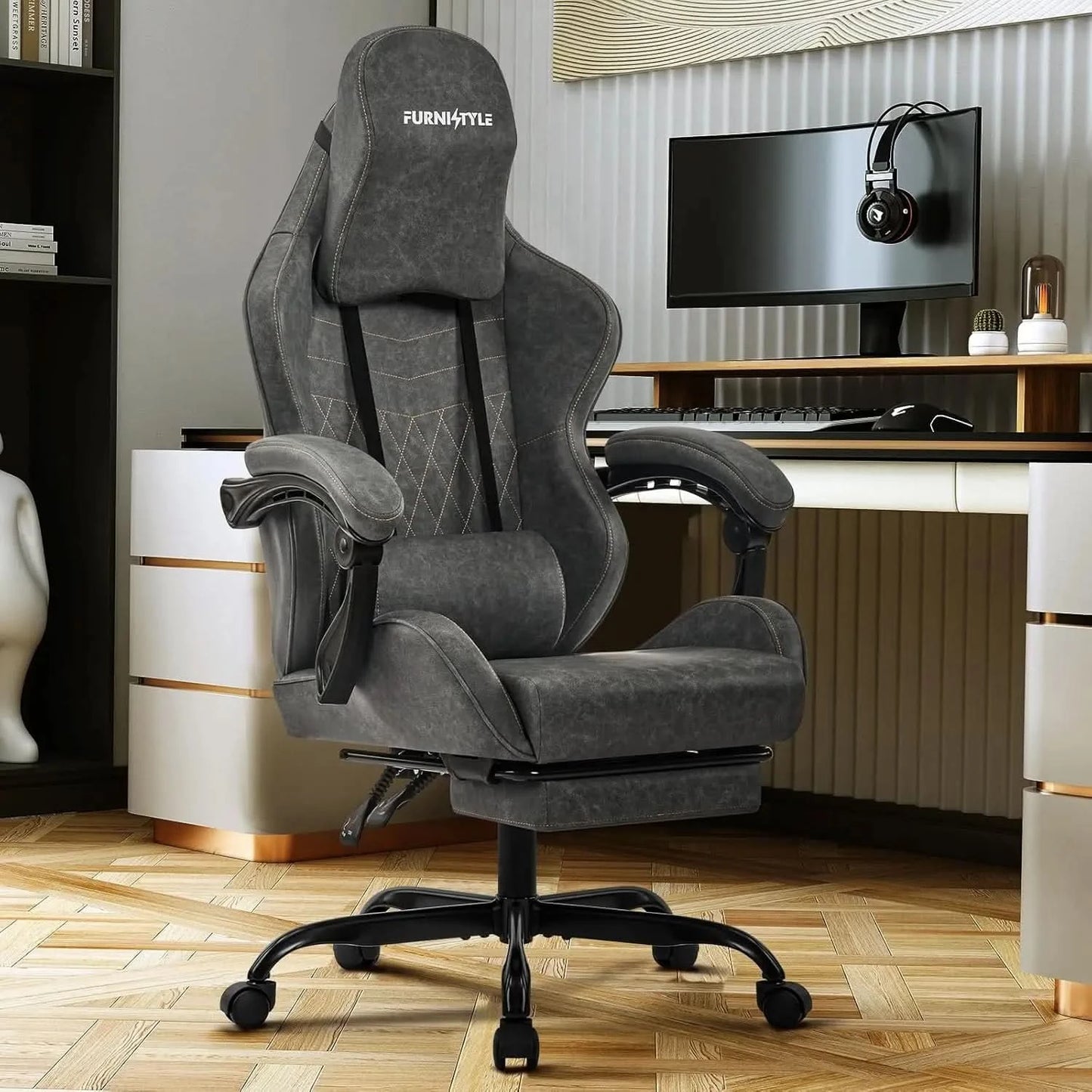 Gaming Chair with Footrest, Reclining Video Game Chairs for Adults with Lumbar Support, Linkage Armrests, Ergonomic Computer