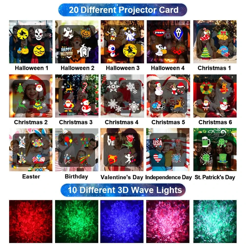 Halloween Christmas Projector Lights Outdoor 16 HD Slides, 2 in 1 Water Wave Lamp with Color Patterns, Timer & Remote for Party - M & M Global
