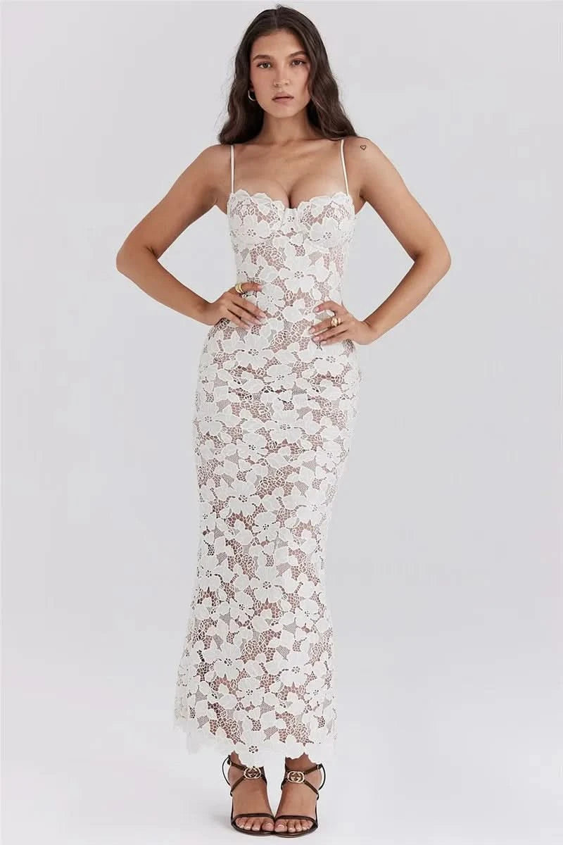 Mozision Floral Embroidery Sexy Maxi Dress For Women Fashion Spaghetti Strap Sleeveless Backless Lace-up Club Party Long Dress - M & M Global