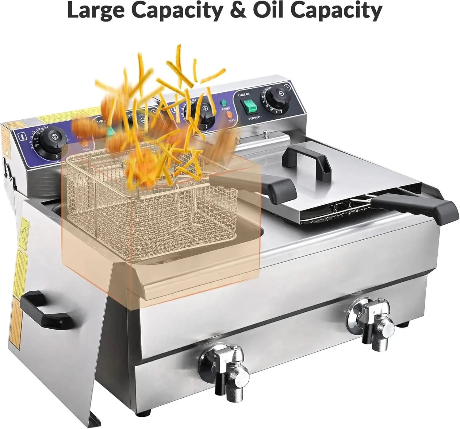 Commercial Electric Deep Fryer 23.4L 3000W Fryer w/Time Control and Oil Filtration Dual Removable Basket Stainless Steel Counter - M & M Global