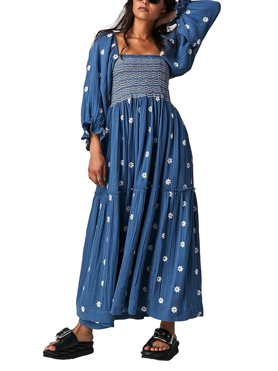 Women's Flower Embroidered Long Dress Bodycon Lantern Sleeve Square Neck Tiered Flowy Dress Bohemian Summer Beachwear Dresses - M & M Global