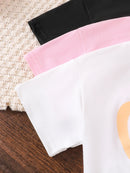 A 3-piece set of 2025 summer fashion girls' cool and breathable heart-shaped pattern printed T-shirts