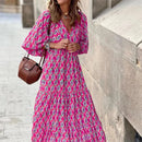 Summer Puff Sleeve Long Dress Women Geometric Print Half Sleeve Dress Boho V-Neck Loose Holiday Beach Dress Vestidos - M & M Global