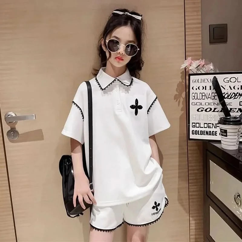 Girls Summer Polo Shirt Set Ruffle Collar T-Shirt Shorts Two-Piece Korean Style Mid-Big Children Fashionable Clothing - M & M Global
