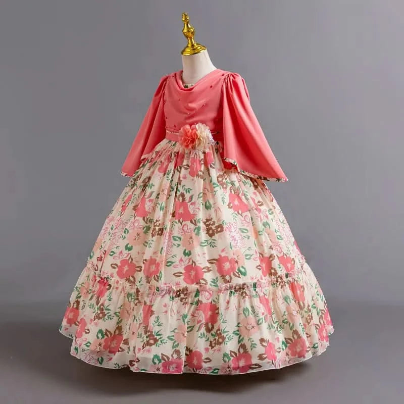 Girls flower pearl long sleeved princess dress 4-12 years old elegant bow printed long dress carnival birthday party performance - M & M Global