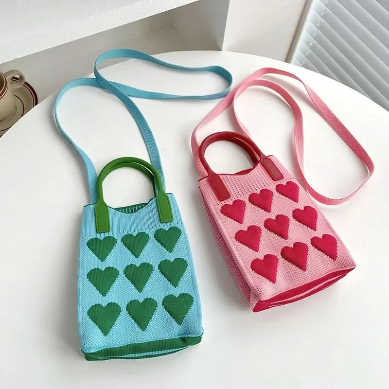 Korean Fashion Heart Knitted Mini Square Handbag for Women Small Mobile Phone Shoulder Bags Girls Cute Outdoor Crossbody Bags - M & M Global