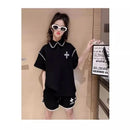 Girls Summer Polo Shirt Set Ruffle Collar T-Shirt Shorts Two-Piece Korean Style Mid-Big Children Fashionable Clothing - M & M Global