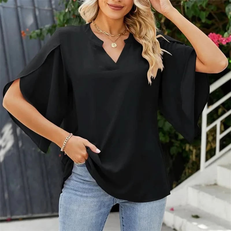 Women Summer Style Chiffon Blouses Shirts Lady Casual Short Flare Sleeve V-Neck Loose Blouse Tops - M & M Global