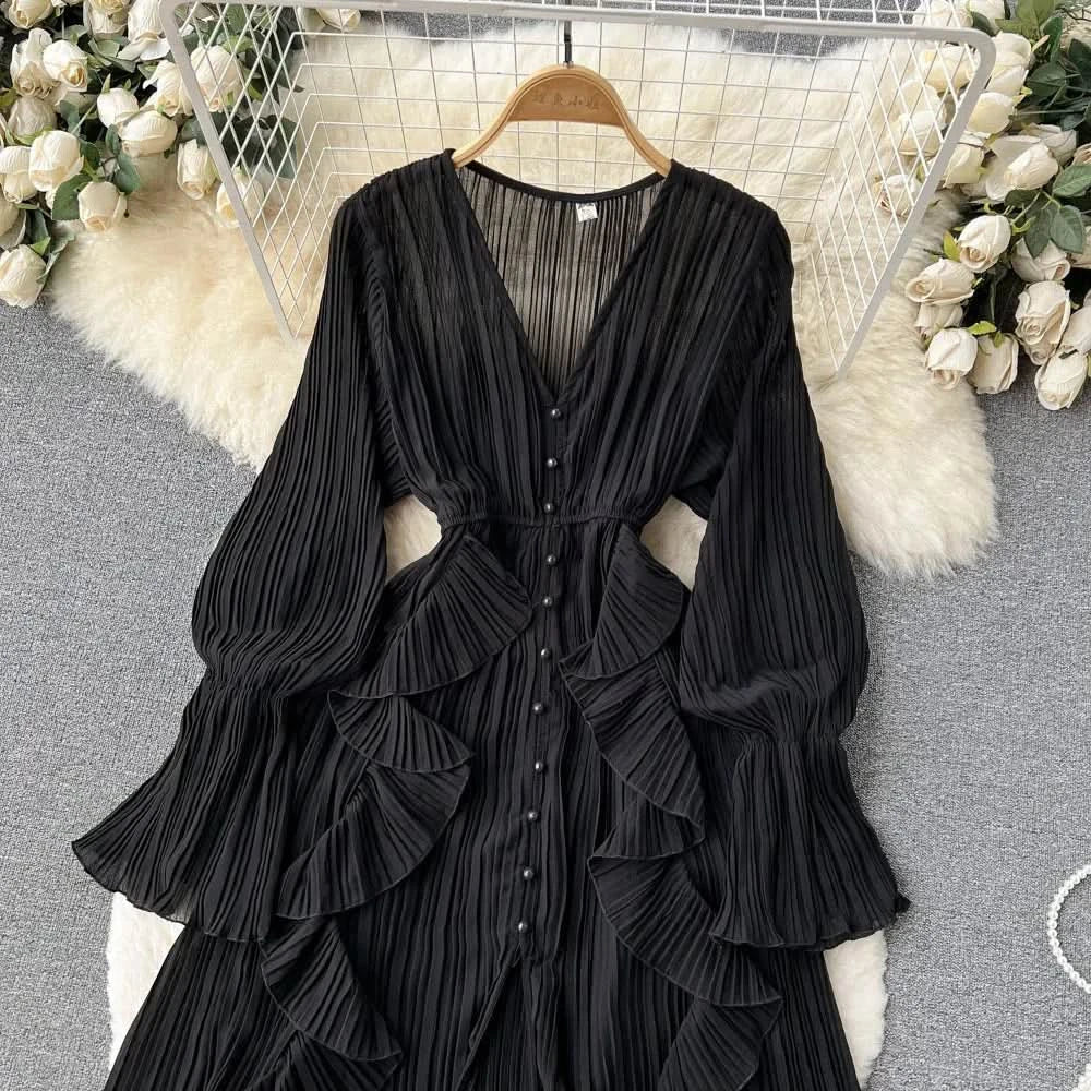 Purple/Brown/Red Chiffon Pleated Long Dress Women Vintage V-Neck Flare Sleeve Draped Ruffle Vestido Female Maxi Robe Spring Fall - M & M Global