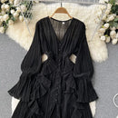 Purple/Brown/Red Chiffon Pleated Long Dress Women Vintage V-Neck Flare Sleeve Draped Ruffle Vestido Female Maxi Robe Spring Fall - M & M Global