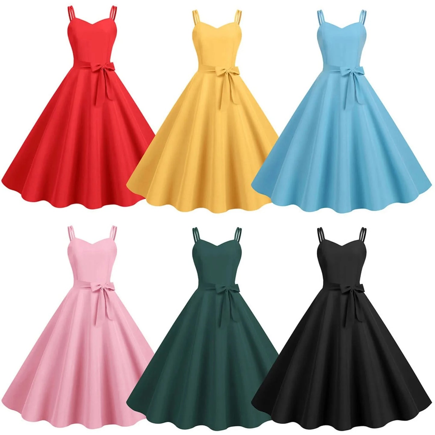 Women Casual Sleeveless Evening Party Prom Dress Strap A Line Large Swing Dress Solid Belted Waist Dresses For Wedding Guest - M & M Global