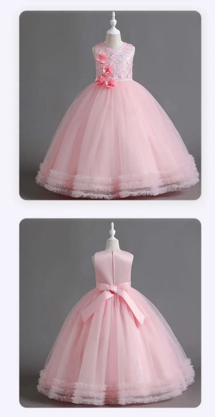 Girls' Sequin Pearl Princess Dress 5-14 Years Old Flower Decal Sleeveless Temperament Long Dress Halloween Banquet Fashion Dress - M & M Global
