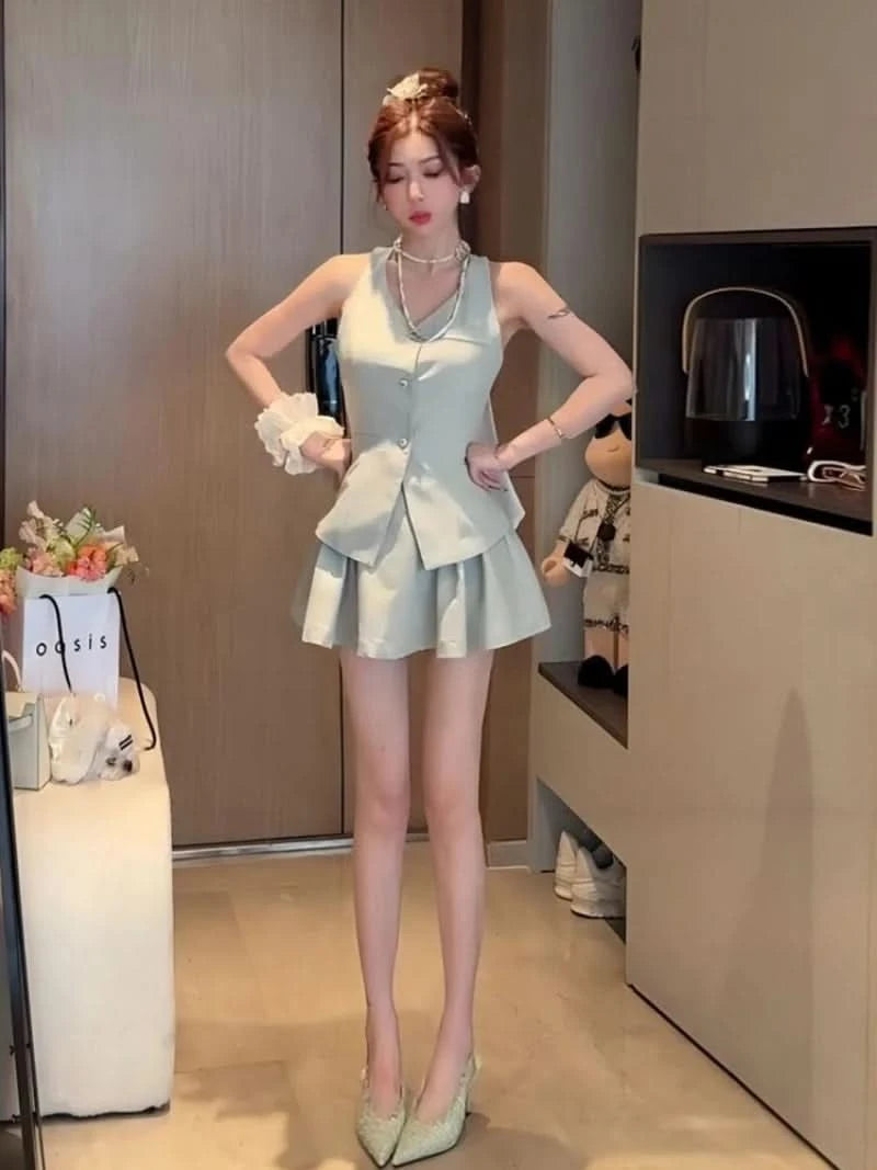 French Spicy Bow Splice Vest Pleated Skirt Two Piece Set Women Backless V-Neck Single Breasted Celebrity Fashion Slim Summer Set - M & M Global