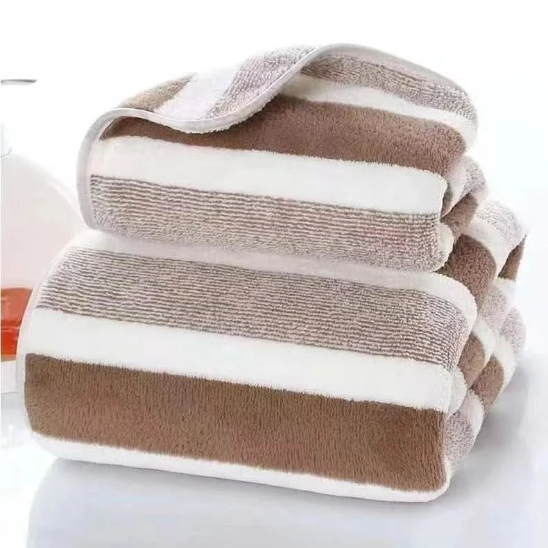 Soft Striped Bath Towel Set - Quick-Drying Absorbent Microfiber Face & Hand Towels for Bathroom, Home Spa - 70x140cm & 35x75cm - M & M Global