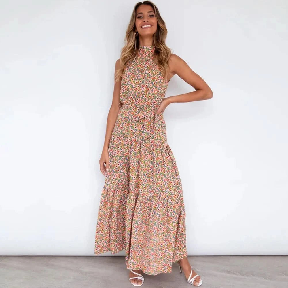 Summer Floral Print Halter Neck Dresses For Women Sleeveless Leace-up Long Dress Casual Beach Holiday Vestidos Female Clothing - M & M Global