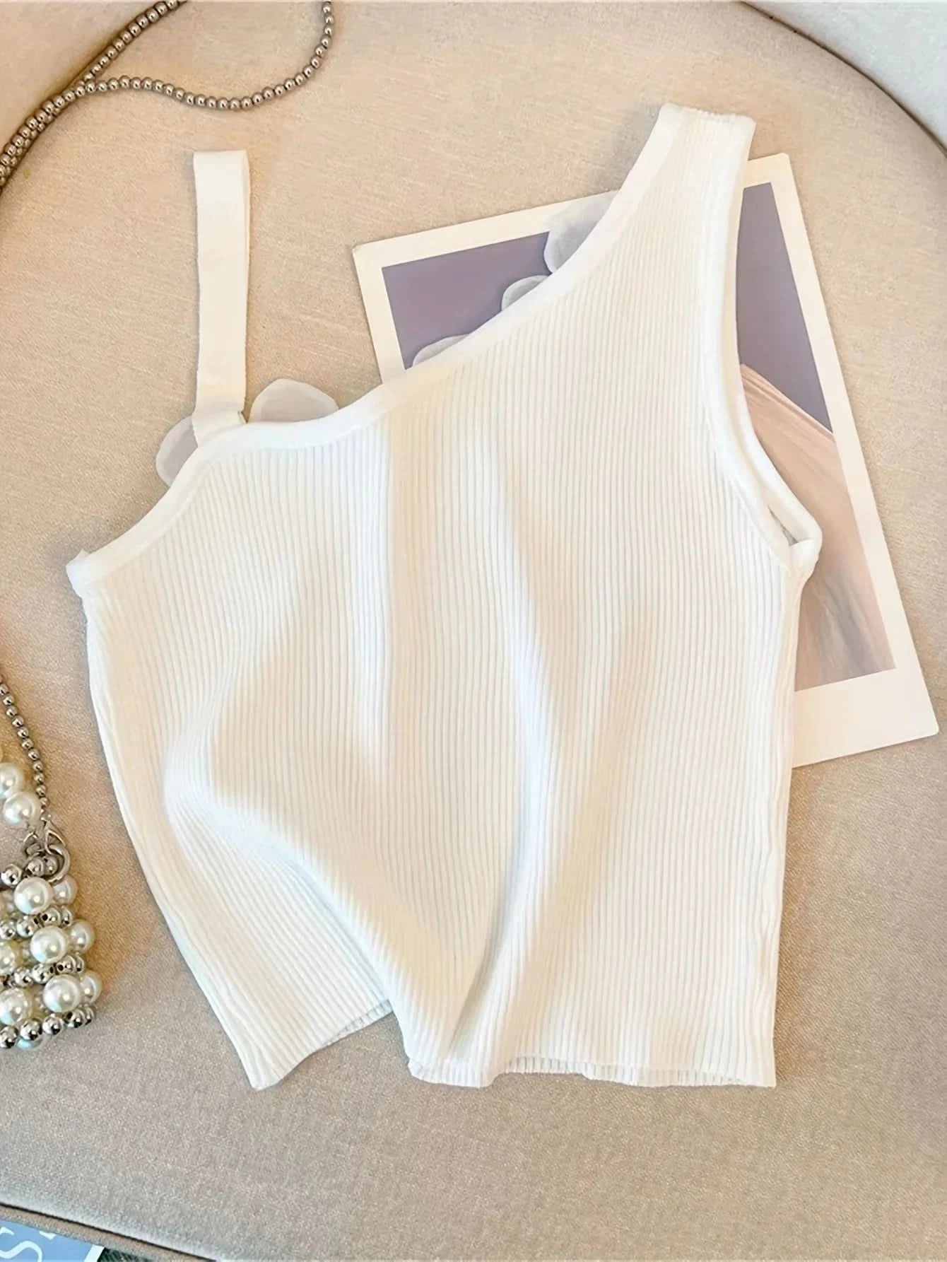 Solid Stereo Flower Asymmetric Neckline Knitted Top, Elegant Sleeveless Top For Summer & Spring, Women's Clothing - M & M Global