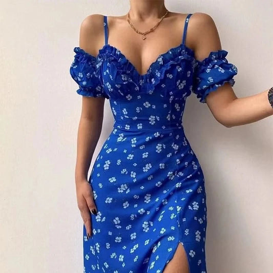 Women Elegant Off Shoulder V Neck Long Dress Sexy Sling Ruffle Strapless Slit Party Dress Spring Floral Print Slim Dress 21764 - M & M Global