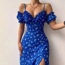 Women Elegant Off Shoulder V Neck Long Dress Sexy Sling Ruffle Strapless Slit Party Dress Spring Floral Print Slim Dress 21764 - M & M Global