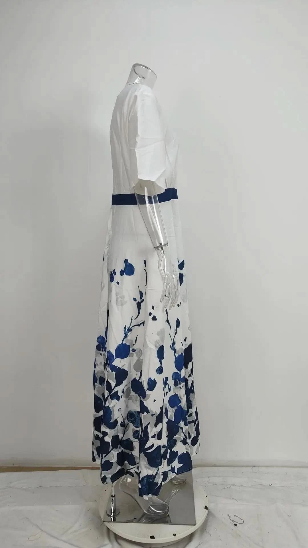 Spring Summer Women Fashion V Neck Belted Party Long Dress Sexy Printing  Boho Maxi Dresses Short Sleeve Pocket Femlae Holiday - M & M Global