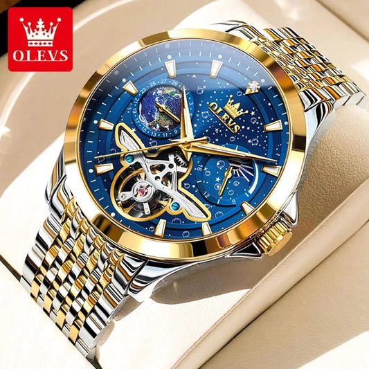 OLEVS Luxury Brand Men's Watches Luminous Waterproof Fully Automatic Mechanical Watch Starry Sky Dial Moon Phase Hollow Out - M & M Global