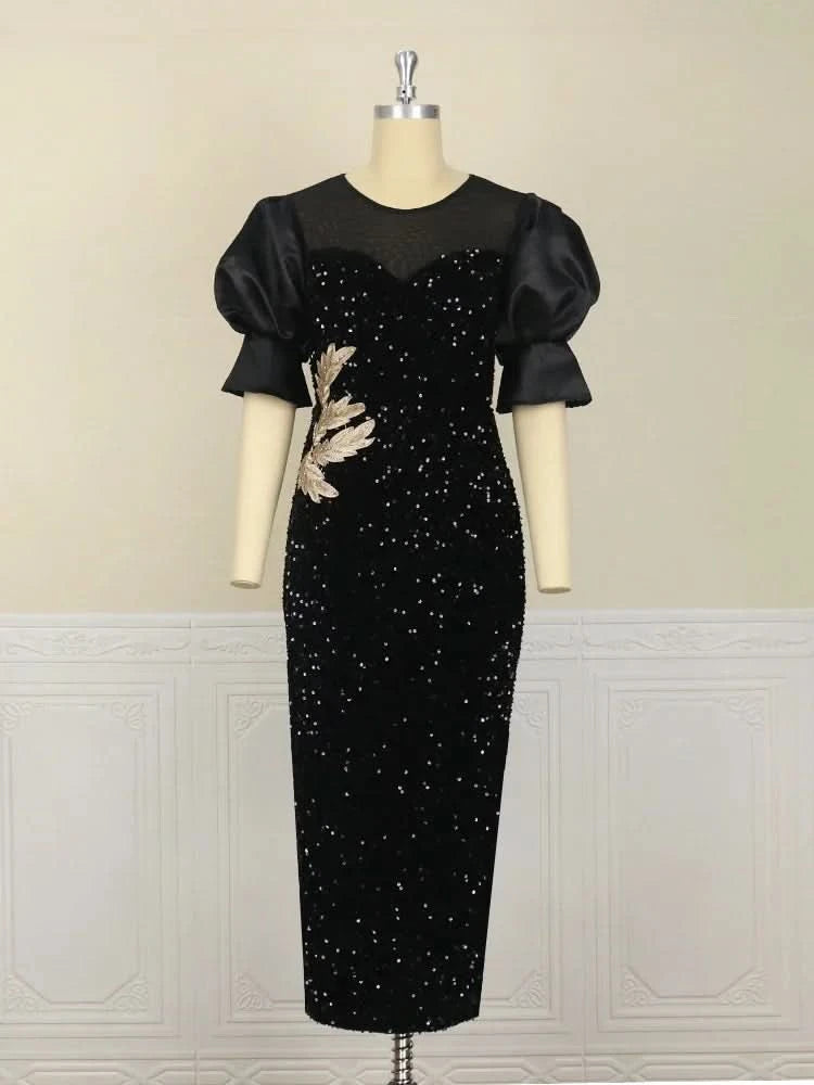 Women Sequined Shiny Black Long Dress Glitter Embroidered Chest Wrapped Puff Sleeve Classy Winter Fall Party Celebrity Gowns New - M & M Global