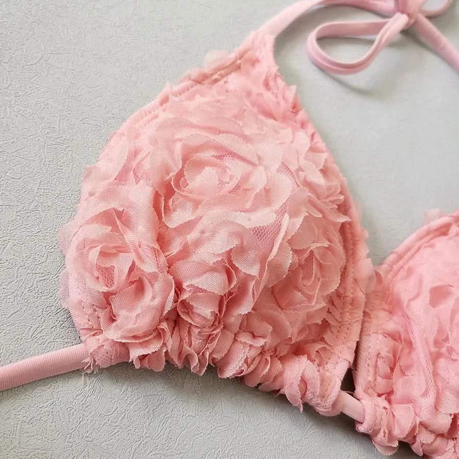 Women's Sexy 3 Piece Bikini Set 3D Flower Beach Skirt Swimsuit Pure Pink Triangle Halter Backless Thong Swimwear 2025 Summer New - M & M Global