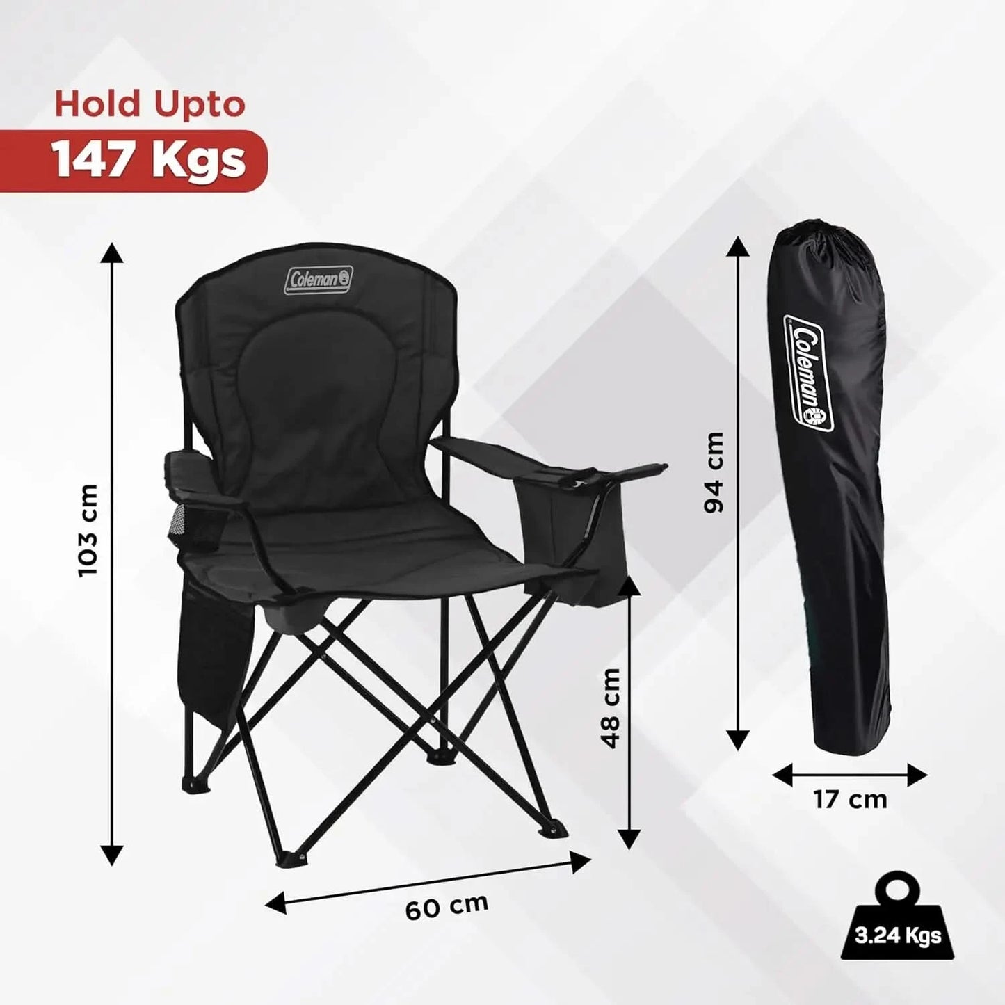 Portable Camping Chair with 4-Can Cooler, Fully Cushioned Seat and Back with Side Pocket and Cup Holder, Carry Bag Included
