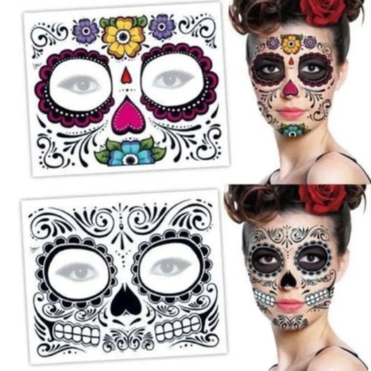 Day of The Dead Skull Face dress up Temporary Tattoo Stickers Pop Halloween Facial makeup Special Waterproof Face tattoo - M & M Global