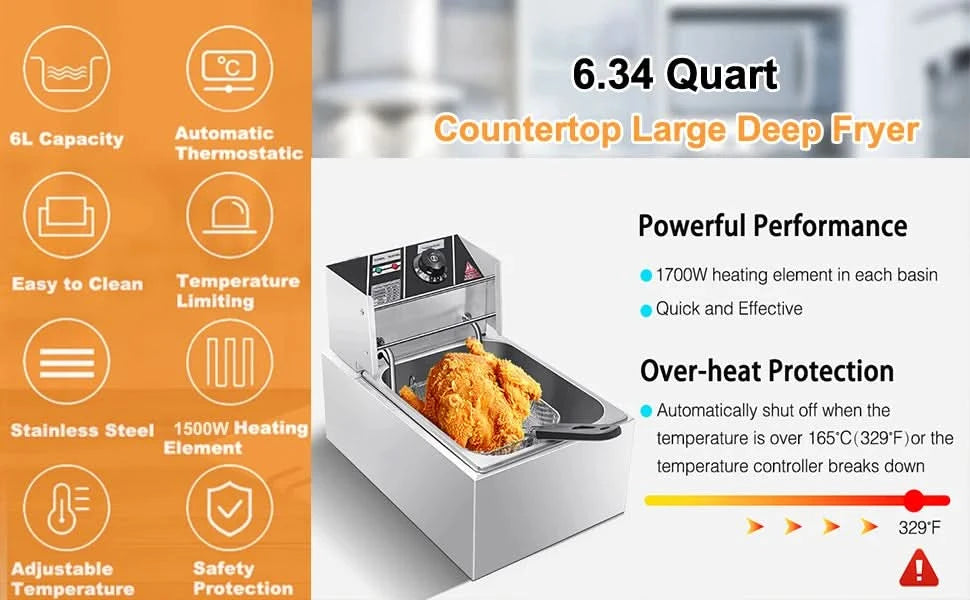 Heavy Duty Deep Fryer, 6.3QT/6L Stainless Steel Large Single-Cylinder Electric Fryers with Removable Basket and Professional Hea - M & M Global