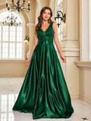 Elegant Sequins Evening Dress For Women 2024 Deep V-neck Satin Prom Party Green Dress Floor Length Blue Formal Gowns